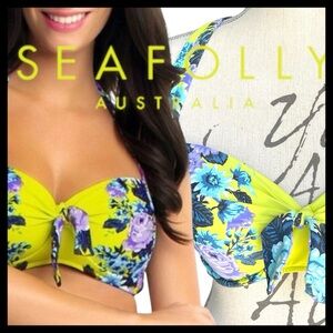 Seafolly Chartreuse/Purple Floral Bella Rose Soft Cup Halter Bikini Top (L)